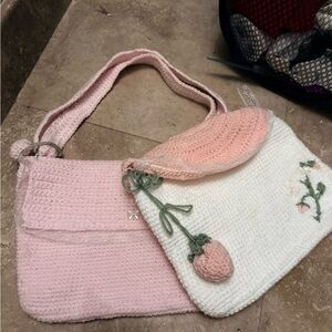 Pink and White Knit Women's Bag